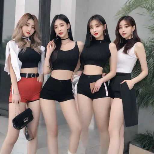 Prompt: group of 7 or 4, kpop group, multiple women,  intelligent, woman, chinese, japanese, korean, portrait, Korean woman, ulzzang, stockings, big chest, slim thick, dolphin pants, braline, , gravure, uhd, realistic, 4k, 8k, full body, photoshoot, tight shorts, tight pants, crop top, risky, bold, big rump, rear ended, autism, 