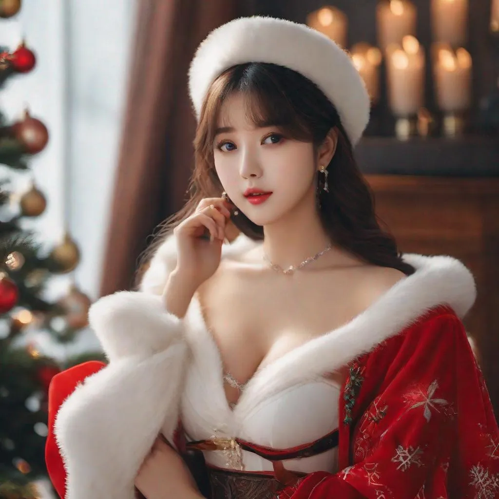 Prompt: Masterpiece, eunha,  ulzzang, slim thick, big chest, soft visuals, uhd, realistic, 4k, 8k,  photoshoot, extremely high definition, perfection, leonardo da vinci type painting, christmas outfit
