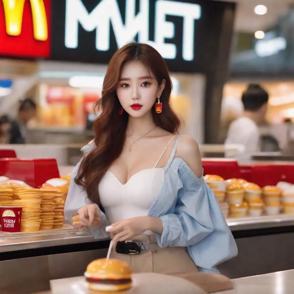 Prompt: Masterpiece, ulzzang,  ulzzang, slim thick, big chest, soft visuals, uhd, realistic, 4k, 8k,  photoshoot, extremely high definition, perfection, mcdonalds, mcdonalds ad, pretty woman at mcdonald's, F cup