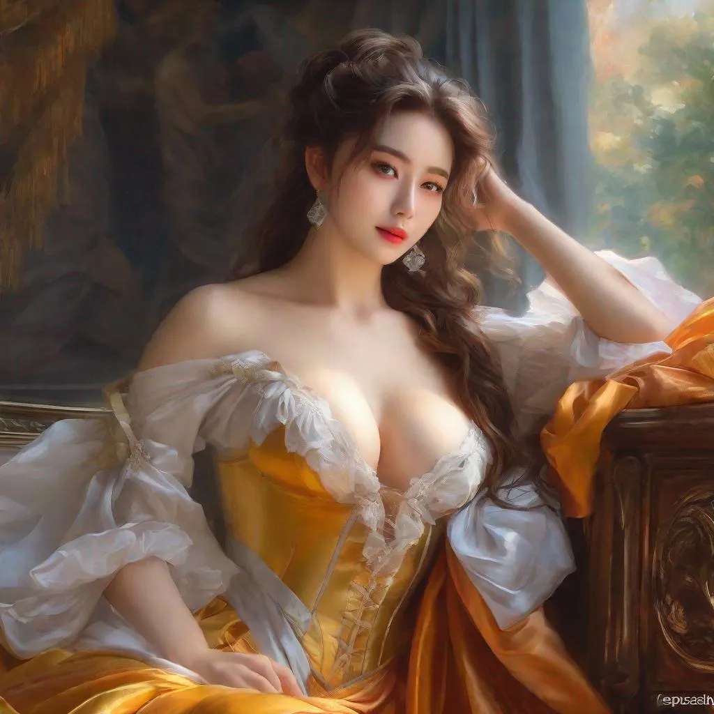 Prompt: My prompt> Masterpiece, realistic kpop idol, beautiful woman, big chest, f cup, uhd, realistic, 4k, 8k, photoshoot, extremely high definition, perfection, Élisabeth Vigée Le Brun
 type painting, scenic, portrait, insanity, breathtaking, iridescent, complex, impressive, remarkable, glorious, grandiose, sumptuous, luxurious, 