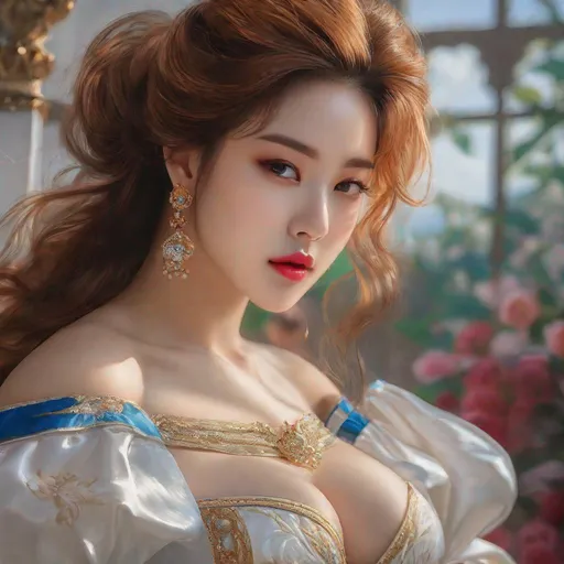 Prompt: My prompt> Masterpiece, realistic kpop idol, beautiful woman, big chest, f cup, uhd, realistic, 4k, 8k, photoshoot, extremely high definition, perfection, Diego Velázquez type painting, scenic, portrait, insanity, breathtaking, iridescent, complex, impressive, remarkable, glorious, grandiose, sumptuous, luxurious, 