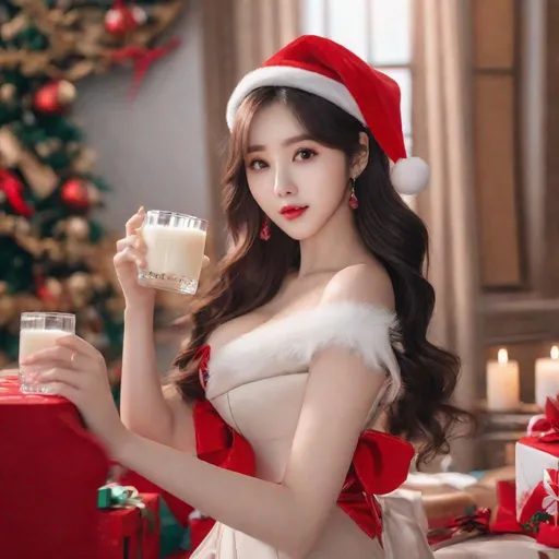 Prompt: Masterpiece, eunha,  ulzzang, slim thick, big chest, soft visuals, uhd, realistic, 4k, 8k,  photoshoot, extremely high definition, perfection, leonardo da vinci type painting, christmas outfit, milk, full body, 
