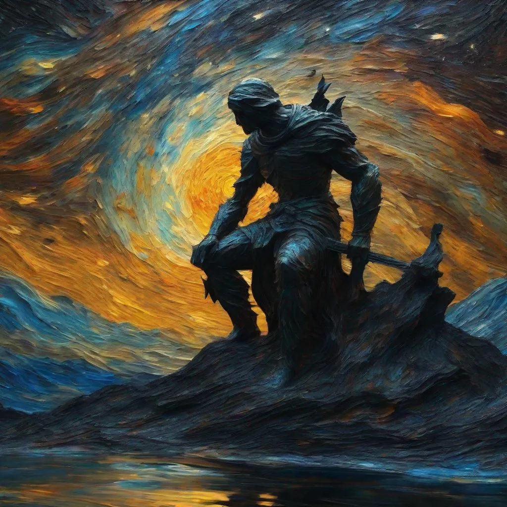 Prompt: cosmic horror, dark souls, van Gogh type painting,Michelangelo type sculpture,  impressionism, naturalism, surrealism, scenic, portrait, realistic, uhd, 4k, 8k, autism,