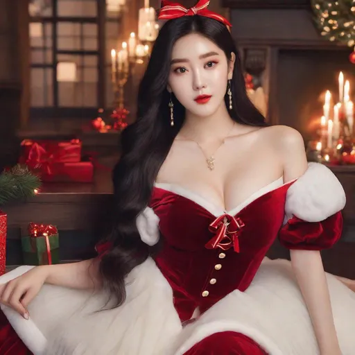 Prompt: Masterpiece, Irene from red velvet,  ulzzang, slim thick, big chest, soft visuals, uhd, realistic, 4k, 8k,  photoshoot, extremely high definition, perfection, leonardo da vinci type painting, christmas outfit, milk, full body, 