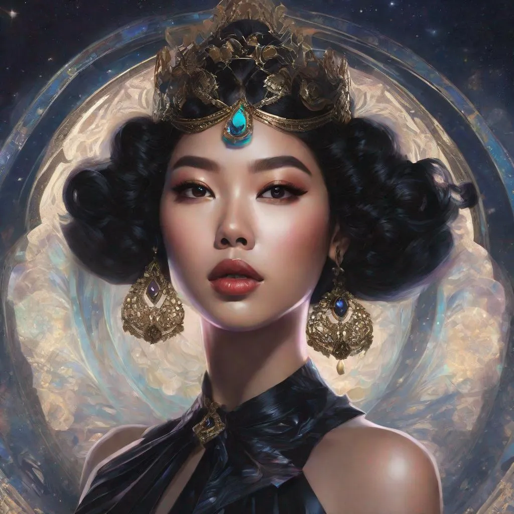 Prompt: cosmic horror, eldritch horror, HP Lovecraft, kpop, beautiful woman, black queen, korean queen, latina queen, kpop idol,  impressionism, naturalism, surrealism, portrait, realistic, uhd, 4k, 8k, autism,