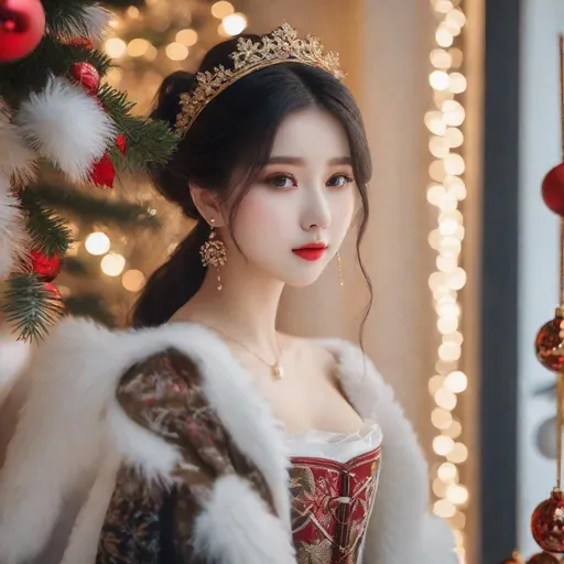 Prompt: Masterpiece, eunha,  ulzzang, slim thick, uhd, realistic, 4k, 8k,  photoshoot, extremely high definition, perfection, leonardo da vinci type painting, christmas outfit
