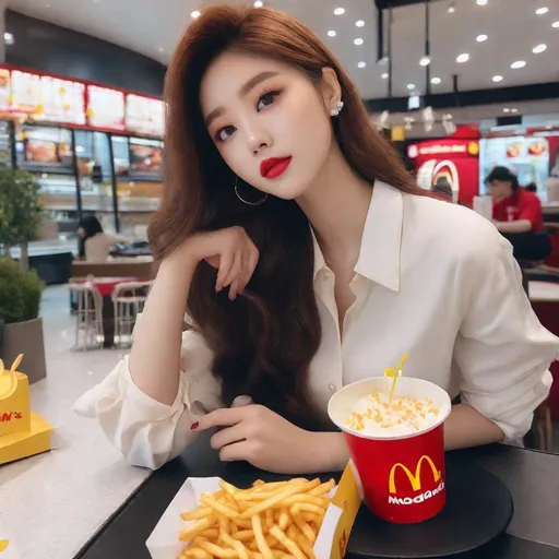 Prompt: Masterpiece, ulzzang,  ulzzang, slim thick, big chest, soft visuals, uhd, realistic, 4k, 8k,  photoshoot, extremely high definition, perfection, mcdonalds, mcdonalds ad, pretty woman at mcdonald's, F cup