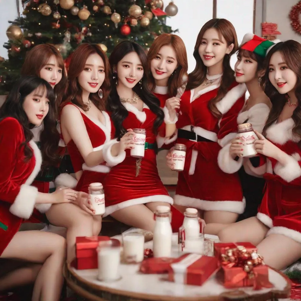 Prompt: Masterpiece, eunha, yeonhee, chaewon, Irene from Red Velvet, Taeyeon, ulzzang, slim thick, big chest, soft visuals, uhd, realistic, 4k, 8k,  photoshoot, extremely high definition, perfection, christmas outfits, drinking milk