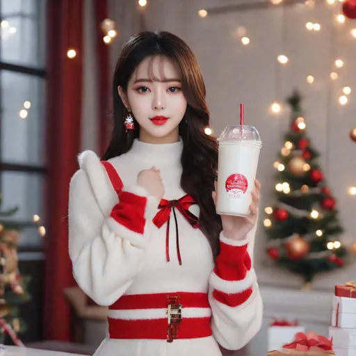 Prompt: Masterpiece, eunha, ulzzang, slim thick, big chest, soft visuals, uhd, realistic, 4k, 8k,  photoshoot, extremely high definition, perfection, christmas outfits, drinking milk