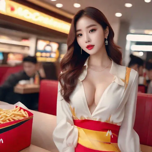 Prompt: Masterpiece, ulzzang,  ulzzang, slim thick, big chest, soft visuals, uhd, realistic, 4k, 8k,  photoshoot, extremely high definition, perfection, mcdonalds, mcdonalds ad, pretty woman at mcdonald's, F cup