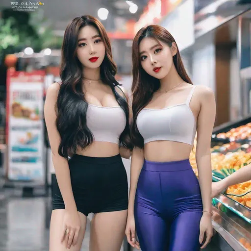 Prompt: Woo!ah Nana Wooyeon and Minseo, ulzzang, stockings, big chest, slim thick, dolphin pants, braline, , gravure, uhd, realistic, 4k, 8k, full body, photoshoot, tight shorts, tight pants, crop top, risky, bold, big rump, rear ended, autism, leggings,  mcdonalds, thick, curvy, mcdonald's merch