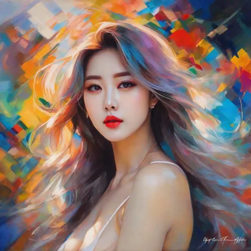 Prompt: My prompt> Masterpiece, realistic kpop idol, beautiful woman, big chest, f cup, uhd, realistic, 4k, 8k, photoshoot, extremely high definition, perfection, Wassily Kandinsky type painting, scenic, portrait, insanity, breathtaking, iridescent, complex, impressive, remarkable, glorious, grandiose, sumptuous, luxurious, 