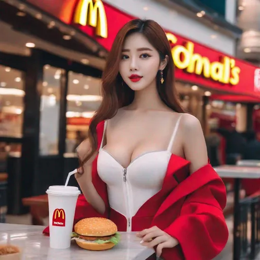 Prompt: Masterpiece, ulzzang,  ulzzang, slim thick, big chest, soft visuals, uhd, realistic, 4k, 8k,  photoshoot, extremely high definition, perfection, mcdonalds, mcdonalds ad, pretty woman at mcdonald's, F cup