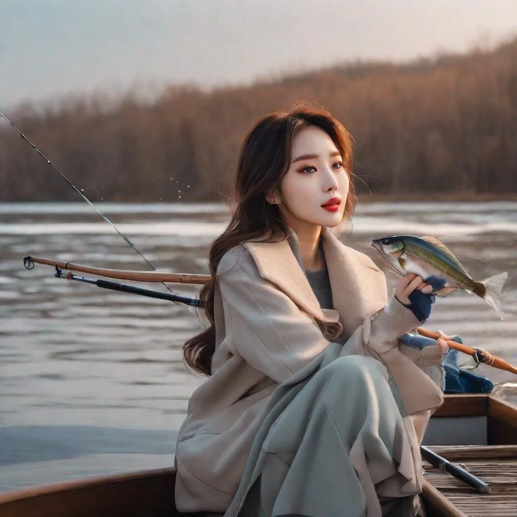 Prompt: Masterpiece, winter from aespa, ulzzang, slim thick, big chest, soft visuals, uhd, realistic, 4k, 8k,  photoshoot, extremely high definition, perfection, fisher woman, woman on boat fishing, got a big catch