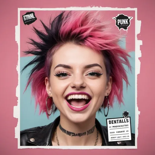 Prompt: Crea una plantilla de publicaciones para instagram con estilo punk para productos dentales.