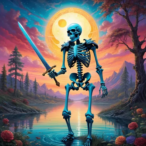 Prompt: medieval knight skeleton with sword, (grateful dead) inspired scene, (vibrant colors) shimmering with mesmerizing depth, (intricate details) enhancing the lush landscape, captivating celestial elements illuminating the expansive sky, ethereal glow reflected in serene waters, enchanting atmosphere, high depth cinematic masterpiece,  ultra-detailed, magical undertones, fantasy realms conjured through visual storytelling.