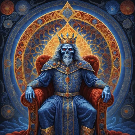 Prompt: (medieval king), embodying (everlasting power), in a vibrant (cartoon style), inspired by (Alex Grey art), symbolizing (transcending death), captivating expression, intricate throne adorned with mythical elements, dynamic swirling patterns, rich color palette of deep blues and golds, ethereal and mystical ambiance, high detail, enchanting atmosphere, powerful visual storytelling.