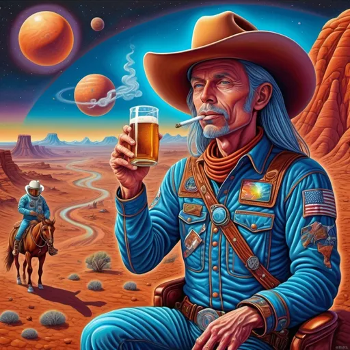 Prompt: astronaut cowboy, smoking and drinking beer, (country western theme on mars), (surreal Alex Grey style art), (vibrant Greg Overtone style art), expansive Martian landscape, dynamic sky, surreal colors, intricate details, integration of Western elements like cowboy hats and horses with futuristic motifs, dreamy atmosphere, HD quality, cosmic ambiance, captivating contradictions of Earth and Mars blend together.