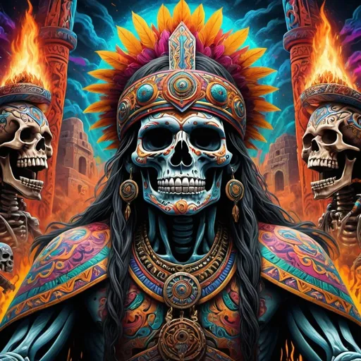 Prompt: (Lord of the Rings inspired lowrider), battle scene, (Mexican skeleton headhunter), Mexican tattoo style, (vibrant graffiti), inspired by Alex Gray, (intricate details), Aztec temple background with rich textures, (dynamic composition), bold colors blending in a vibrant explosion, (highly detailed, artistic masterpiece), capturing ancient mystique and culture, creating an immersive and striking visual experience, (4K, ultra-detailed)