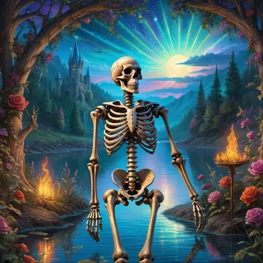 Prompt: medieval knight skeleton, (grateful dead) inspired scene, (vibrant colors) shimmering with mesmerizing depth, (intricate details) enhancing the lush landscape, captivating celestial elements illuminating the expansive sky, ethereal glow reflected in serene waters, enchanting atmosphere, high depth cinematic masterpiece,  ultra-detailed, magical undertones, fantasy realms conjured through visual storytelling.