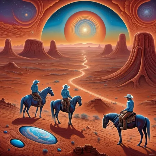 Prompt: (country western theme on mars), (surreal Alex Grey style art), (vibrant Greg Overtone style art), expansive Martian landscape, dynamic sky, surreal colors, intricate details, integration of Western elements like cowboy hats and horses with futuristic motifs, dreamy atmosphere, HD quality, cosmic ambiance, captivating contradictions of Earth and Mars blend together.