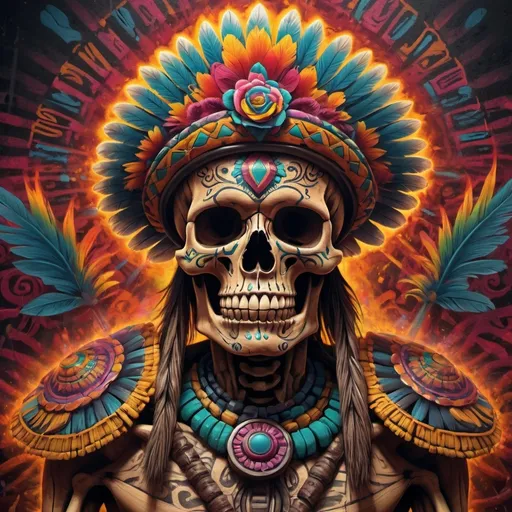 Prompt: (Mexican skeleton headhunter), Mexican tattoo style, (vibrant graffiti), inspired by Alex Gray, (intricate details), Aztec temple background with rich textures, (dynamic composition), bold colors blending in a vibrant explosion, (highly detailed, artistic masterpiece), capturing ancient mystique and culture, creating an immersive and striking visual experience, (4K, ultra-detailed).