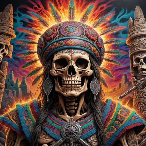 Prompt: (Lord of the Rings inspired mexico), battle scene, (Mexican skeleton headhunter), Mexican tattoo style, (vibrant graffiti), inspired by Alex Gray, (intricate details), Aztec temple background with rich textures, (dynamic composition), bold colors blending in a vibrant explosion, (highly detailed, artistic masterpiece), capturing ancient mystique and culture, creating an immersive and striking visual experience, (4K, ultra-detailed)