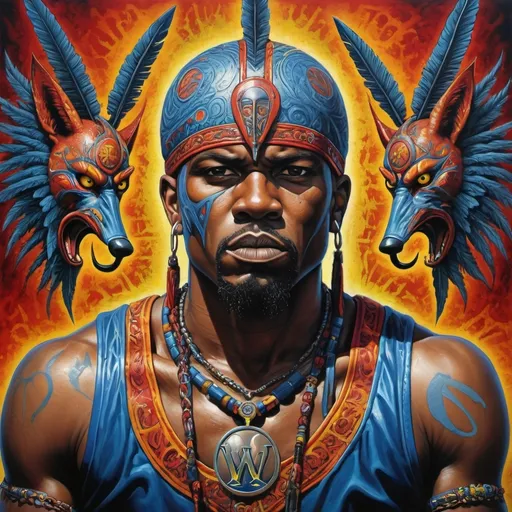 Prompt: (warriors), (greg overton style art), (Mr. Cartoon's street influence), (vibrant colors), dramatic and intense expressions, embodiment of dominance and power, ancient surrealism blended with urban art elements, intricate details, visually striking contrasts, evoking strength and energy, high-quality HD visuals, (alex gray style art), compelling composition, bold line art, powerful imagery, dynamic scene.