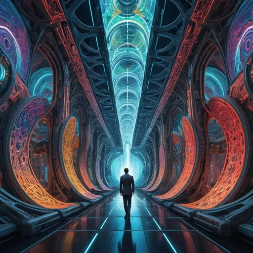 Prompt: (futuristic scene, Elon Musk, artificial intelligence, civilization dominated by technology, Tesla brand, (Alex Gray style art), intricate patterns, vibrant colors, surrealistic elements, (modern aesthetic), dynamic composition, detailed abstractions, interconnected motifs, (highly imaginative), ambient futuristic atmosphere, (4K ultra-detailed), dreamlike vision, depiction of advanced civilization, technology integration, philosophical themes, inspiration in visionary art, movement and innovation in every detail.