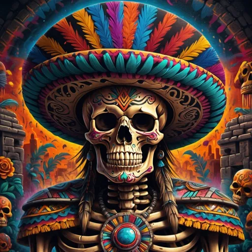 Prompt: (Mexican skeleton headhunter), Mexican tattoo style, (vibrant graffiti), inspired by Alex Gray, (intricate details), Aztec temple background with rich textures, (dynamic composition), bold colors blending in a vibrant explosion, (highly detailed, artistic masterpiece), capturing ancient mystique and culture, creating an immersive and striking visual experience, (4K, ultra-detailed).