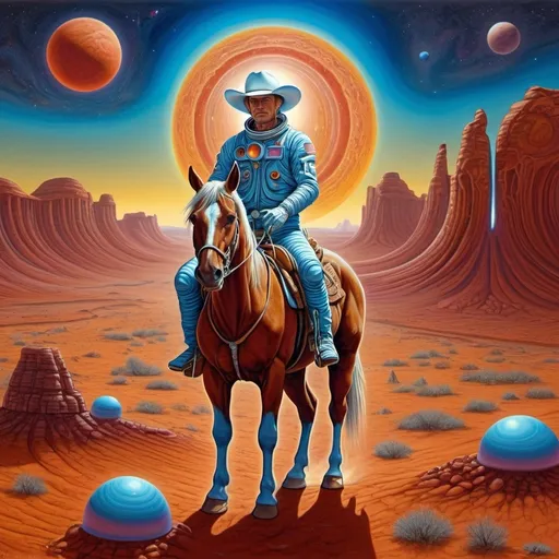 Prompt: astronaut cowboy, (country western theme on mars), (surreal Alex Grey style art), (vibrant Greg Overtone style art), expansive Martian landscape, dynamic sky, surreal colors, intricate details, integration of Western elements like cowboy hats and horses with futuristic motifs, dreamy atmosphere, HD quality, cosmic ambiance, captivating contradictions of Earth and Mars blend together.