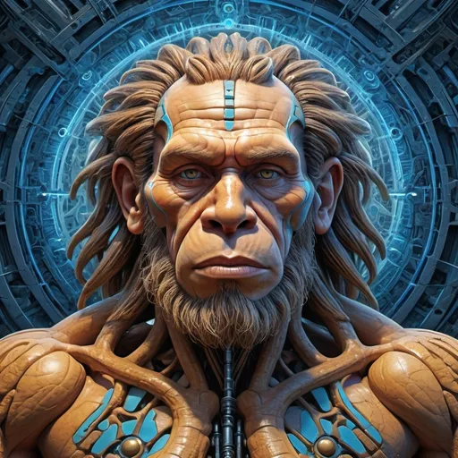 Prompt: (neanderthal king, powerful posturing, raw and primal energy, dynamic pose), (colliding nature and technology elements), surreal atmosphere, vibrant colors, dramatic contrasts, (Alex Grey abstract style), intricate details , showcasing organic forms vs mechanical structures, blending past and future themes, high definition, ultra-detailed, immersive depth and complexity.