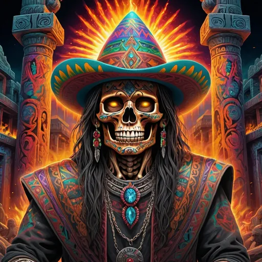 Prompt: (Lord of the Rings inspired lowrider), battle scene, (Mexican skeleton headhunter), Mexican tattoo style, (vibrant graffiti), inspired by Alex Gray, (intricate details), Aztec temple background with rich textures, (dynamic composition), bold colors blending in a vibrant explosion, (highly detailed, artistic masterpiece), capturing ancient mystique and culture, creating an immersive and striking visual experience, (4K, ultra-detailed)