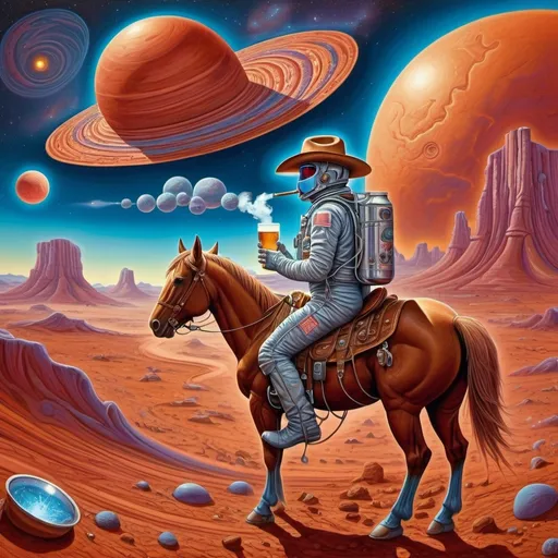 Prompt: astronaut cowboy, smoking and drinking beer, (country western theme on mars), (surreal Alex Grey style art), (vibrant Greg Overtone style art), expansive Martian landscape, dynamic sky, surreal colors, intricate details, integration of Western elements like cowboy hats and horses with futuristic motifs, dreamy atmosphere, HD quality, cosmic ambiance, captivating contradictions of Earth and Mars blend together.