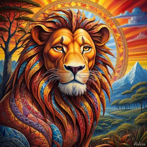 Prompt: (Lion King as humans), (intricate patterns inspired by Alex Grey), (powerful symbols), vibrant colors, surreal ambiance, mystical aura, imaginative landscape, harmonious blend of human and lion features, elaborate detailed textures, transcendent energy flow, enchanting and symbolic surroundings, deep connection with nature, ultra-detailed, HD quality.