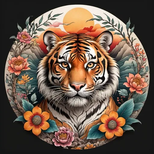 Prompt: majestic tiger in nature, zen motif, (vibrant nature scene), (Japanese tattoo style art), circular motifs symbolizing the circle of life, intricate detailing, elements of (Mr. Cartoon artistic flair), inspired by (Alex Gey art style), rich colors, contrast of warm and cool tones, captivating floral patterns, dynamic composition, ethereal atmosphere, serene habitat, (ultra-detailed), (high quality).