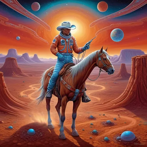 Prompt: astronaut cowboy, (country western theme on mars), (surreal Alex Grey style art), (vibrant Greg Overtone style art), expansive Martian landscape, dynamic sky, surreal colors, intricate details, integration of Western elements like cowboy hats and horses with futuristic motifs, dreamy atmosphere, HD quality, cosmic ambiance, captivating contradictions of Earth and Mars blend together.