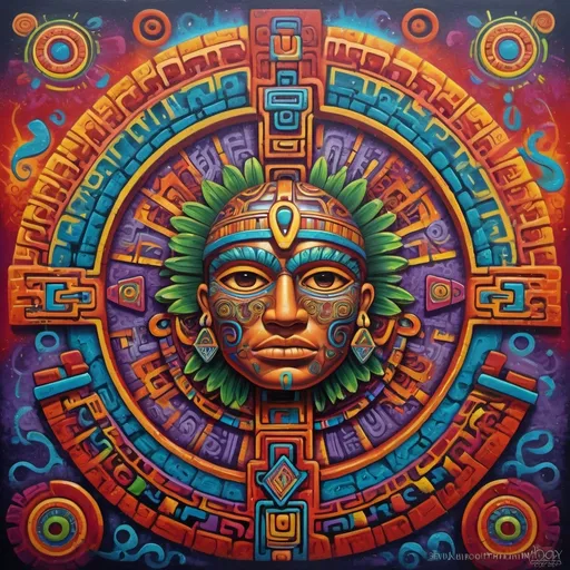 Prompt: (vibrant Mexican graffiti), Mayan Calander, (Aztec symbols), (intricate patterns), Alex Gray style art, metaphysical themes, highly detailed, bright colors, urban background, dynamic energy, spiritual symbolism, layered textures, expressive lines, street art aesthetic, eclectic vibes, expressive artistic composition, high definition, vivid visual impact, consciousness exploration, cultural fusion, artistic masterpiece.