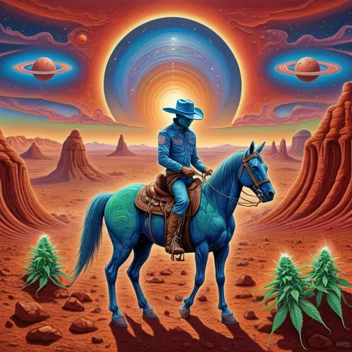 Prompt: Martian cowboy, cannabis, (country western theme on mars), (surreal Alex Grey style art), (vibrant Greg Overtone style art), expansive Martian landscape, dynamic sky, surreal colors, intricate details, integration of Western elements like cowboy hats and horses with futuristic motifs, dreamy atmosphere, HD quality, cosmic ambiance, captivating contradictions of Earth and Mars blend together.