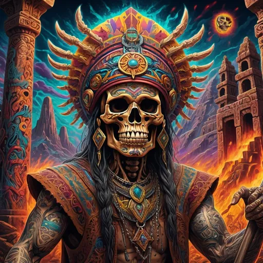 Prompt: (Lord of the Rings inspired lowrider), battle scene, (Mexican skeleton headhunter), Mexican tattoo style, (vibrant graffiti), inspired by Alex Gray, (intricate details), Aztec temple background with rich textures, (dynamic composition), bold colors blending in a vibrant explosion, (highly detailed, artistic masterpiece), capturing ancient mystique and culture, creating an immersive and striking visual experience, (4K, ultra-detailed)