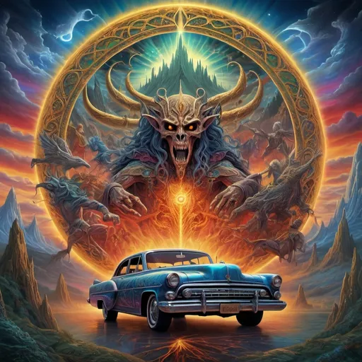 Prompt: (Lord of the Rings inspired lowrider),  battle scene, (vibrant colors), intricate details, celestial elements, mystical atmosphere, (Alex Grey style), dynamic pose, surreal landscape, high fantasy, vivid energy surging through the air, , magical artifacts, atmosphere thick with tension, (4K), ultra-detailed, vibrant and dramatic color tones, imaginative visual extravaganza.