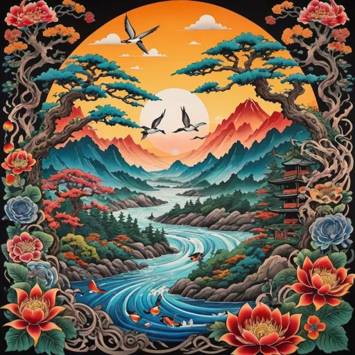 Prompt: (jordan peterson motif), (vibrant nature scene), (Japanese tattoo style art), circular motifs symbolizing the circle of life, intricate detailing, reminiscent of (Mr. Cartoon artistic flair), inspired by (Alex Gey art style), rich colors, harmonious compositions, dynamic movement, stunning contrasts, enchanting elements of nature, botanic patterns, spiritual undertones, high-quality aesthetic, breathtaking artistry.