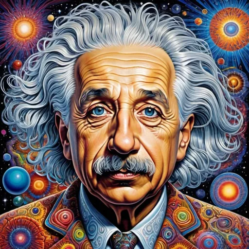 Prompt: (albert einstein knowledge representation), (surreal intricate design), inspired by (Alex Grey style), in (Mr. Cartoon style), vibrant colors, deep cosmic themes, 