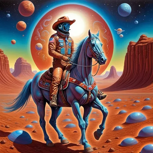 Prompt: astronaut cowboy, (country western theme on mars), (surreal Alex Grey style art), (vibrant Greg Overtone style art), expansive Martian landscape, dynamic sky, surreal colors, intricate details, integration of Western elements like cowboy hats and horses with futuristic motifs, dreamy atmosphere, HD quality, cosmic ambiance, captivating contradictions of Earth and Mars blend together.