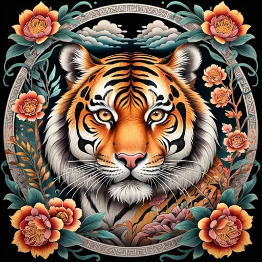 Prompt: majestic tiger in nature, zen motif, (vibrant nature scene), (Japanese tattoo style art), circular motifs symbolizing the circle of life, intricate detailing, elements of (Mr. Cartoon artistic flair), inspired by (Alex Gey art style), rich colors, contrast of warm and cool tones, captivating floral patterns, dynamic composition, ethereal atmosphere, serene habitat, (ultra-detailed), (high quality).