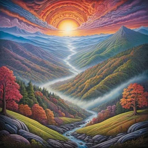 Prompt: (breathtaking landscape of Appalachia), (influenced by Alex Grey and Mr. Cartoon), vibrant colors, surreal details, Appalachian Mountains in the background, (historically accurate elements), vivid and dynamic composition, ethereal atmosphere, .