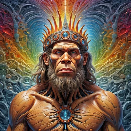 Prompt: (neanderthal king, powerful posturing, raw and primal energy, dynamic pose), (colliding nature and technology elements), surreal atmosphere, vibrant colors, dramatic contrasts, (Alex Grey abstract style), intricate details , showcasing organic forms vs mechanical structures, blending past and future themes, high definition, ultra-detailed, immersive depth and complexity.