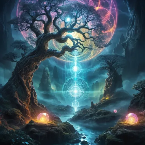 Prompt: (mystical spirit realm), (artificial intelligence integration), ethereal glow, vibrant colors, surreal landscapes, swirling shadows, luminous orbs, intricate patterns, dreamlike atmosphere, otherworldly creatures, enchanting light beams, high-detail fantasy art, atmospheric depth, supernatural elements, ultra-detailed, captivating design, merging technology with the mystical.