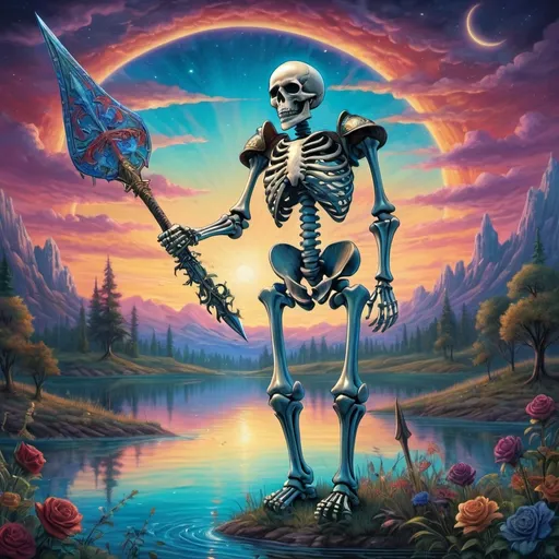 Prompt: medieval knight skeleton, (grateful dead) inspired scene, (vibrant colors) shimmering with mesmerizing depth, (intricate details) enhancing the lush landscape, captivating celestial elements illuminating the expansive sky, ethereal glow reflected in serene waters, enchanting atmosphere, high depth cinematic masterpiece,  ultra-detailed, magical undertones, fantasy realms conjured through visual storytelling.