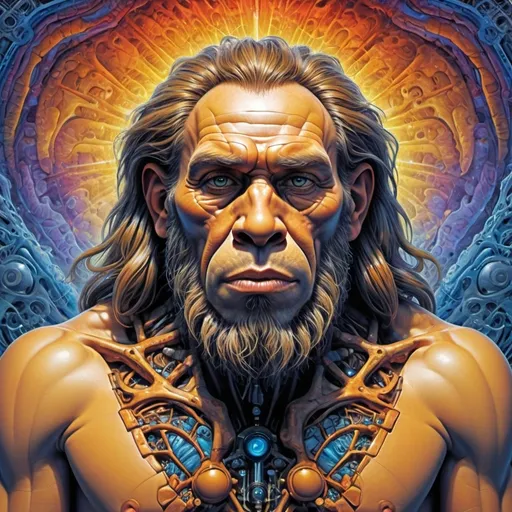 Prompt: (neanderthal king, powerful posturing, raw and primal energy, dynamic pose), (colliding nature and technology elements), surreal atmosphere, vibrant colors, dramatic contrasts, (Alex Grey abstract style), intricate details , showcasing organic forms vs mechanical structures, blending past and future themes, high definition, ultra-detailed, immersive depth and complexity.